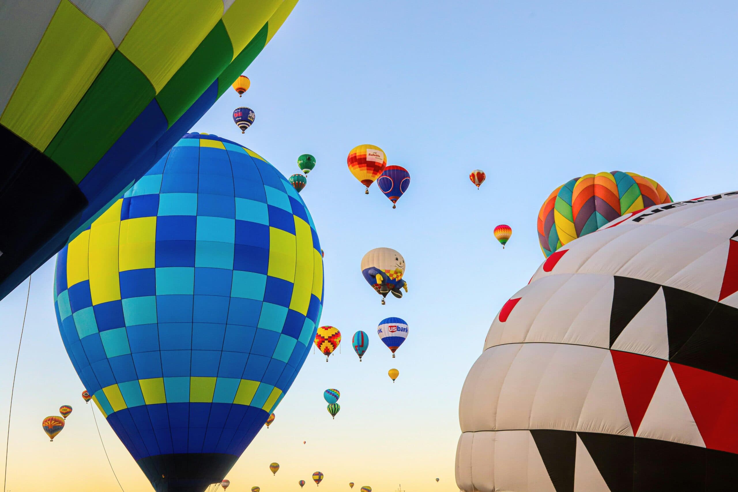A variety of hot air balloons in the sky.